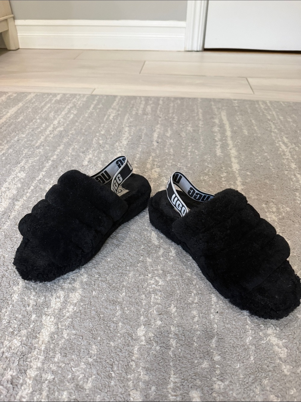 UGG Black Quilted Faux-Fur Slide Mules with Branded Heel Strap